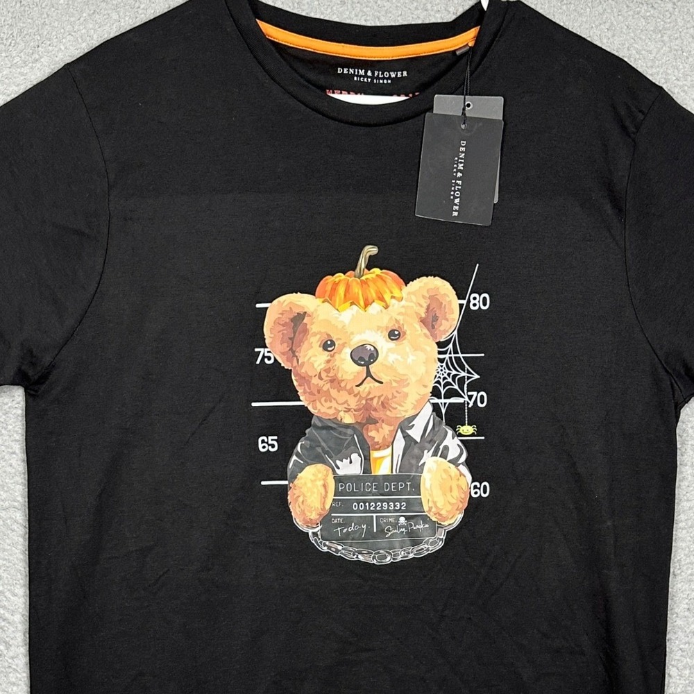 NEW Denim Flower T-Shirt Men XL Mugshot Bear Black Halloween Be Merry Stay Scary